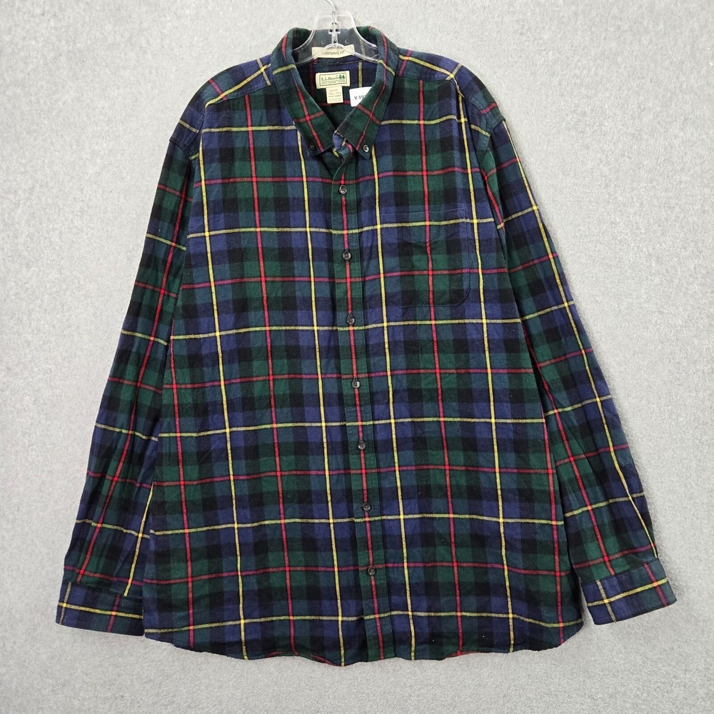 VINTAGE LL Bean Men Button Up Shirt 2XLT Green Plaid Flannel Long Sleeve Y2K